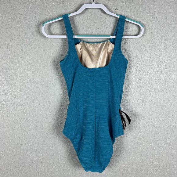 Christina Sz 10 Blue Turquoise One Piece Swimsuit Waist Cinching Side Ties - Picture 3 of 5